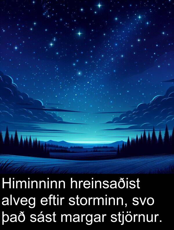 sást: Himinninn hreinsaðist alveg eftir storminn, svo það sást margar stjörnur.