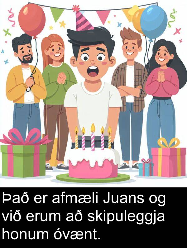 afmæli: Það er afmæli Juans og við erum að skipuleggja honum óvænt.