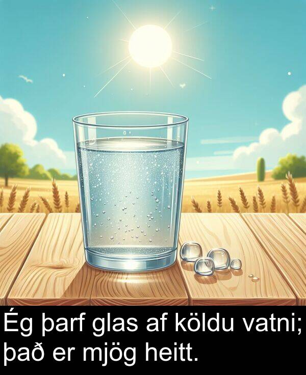 það: Ég þarf glas af köldu vatni; það er mjög heitt.