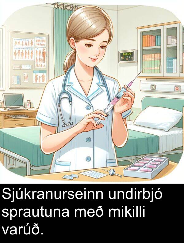 undirbjó: Sjúkranurseinn undirbjó sprautuna með mikilli varúð.