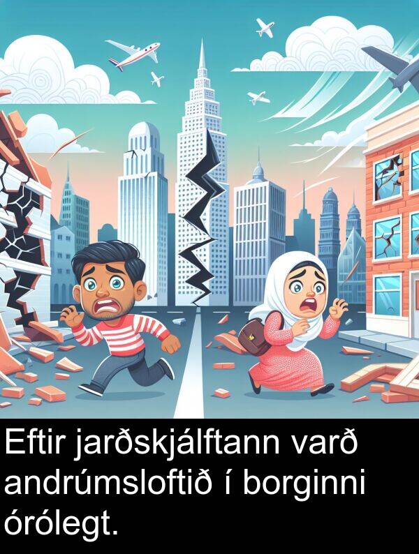 jarðskjálftann: Eftir jarðskjálftann varð andrúmsloftið í borginni órólegt.