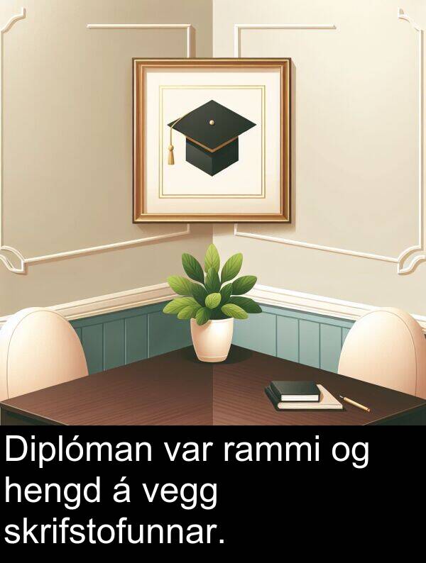 rammi: Diplóman var rammi og hengd á vegg skrifstofunnar.