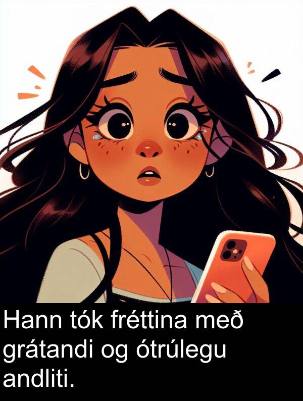 andliti: Hann tók fréttina með grátandi og ótrúlegu andliti.