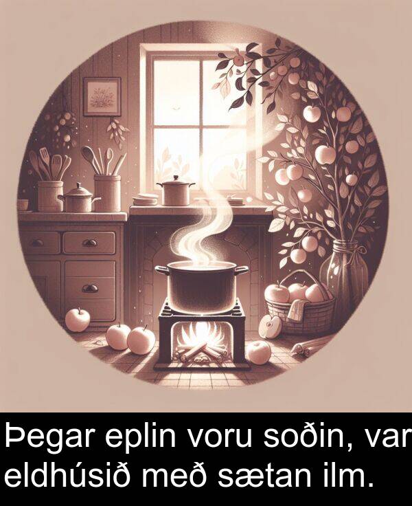 eldhúsið: Þegar eplin voru soðin, var eldhúsið með sætan ilm.