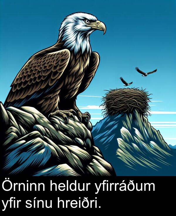 yfir: Örninn heldur yfirráðum yfir sínu hreiðri.