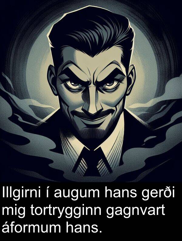 gagnvart: Illgirni í augum hans gerði mig tortrygginn gagnvart áformum hans.