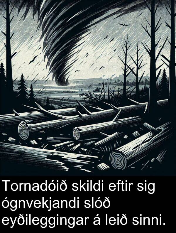 leið: Tornadóið skildi eftir sig ógnvekjandi slóð eyðileggingar á leið sinni.