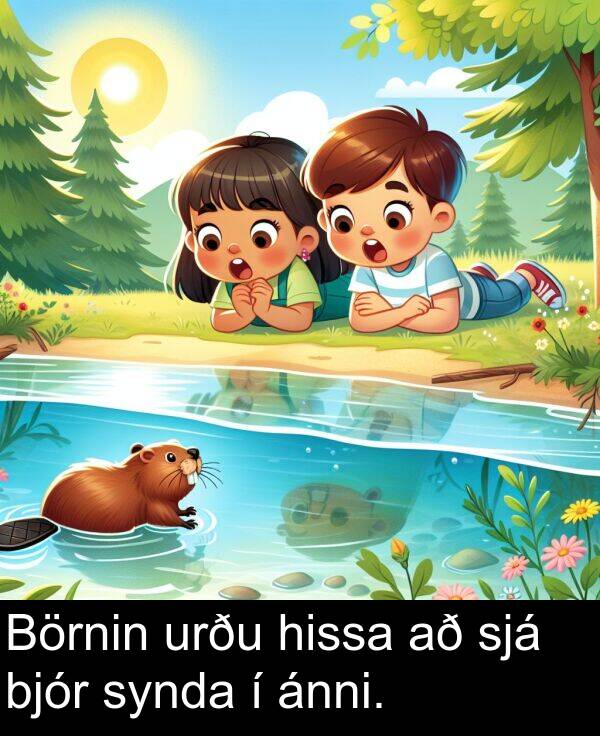 bjór: Börnin urðu hissa að sjá bjór synda í ánni.