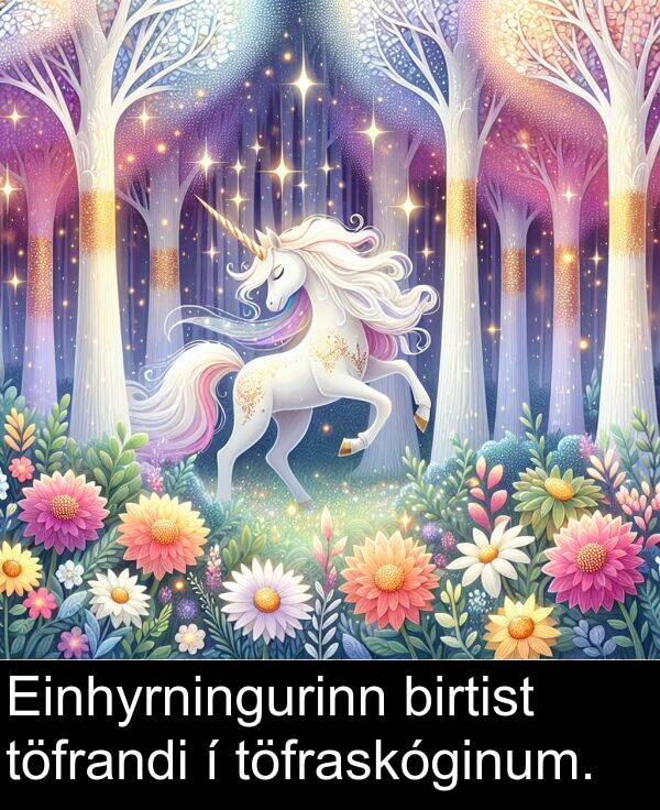 töfrandi: Einhyrningurinn birtist töfrandi í töfraskóginum.