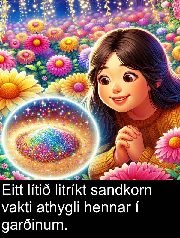 sandkorn: Eitt lítið litríkt sandkorn vakti athygli hennar í garðinum.