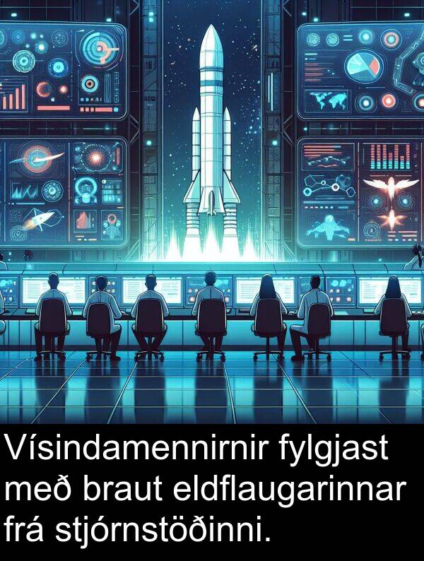 eldflaugarinnar: Vísindamennirnir fylgjast með braut eldflaugarinnar frá stjórnstöðinni.