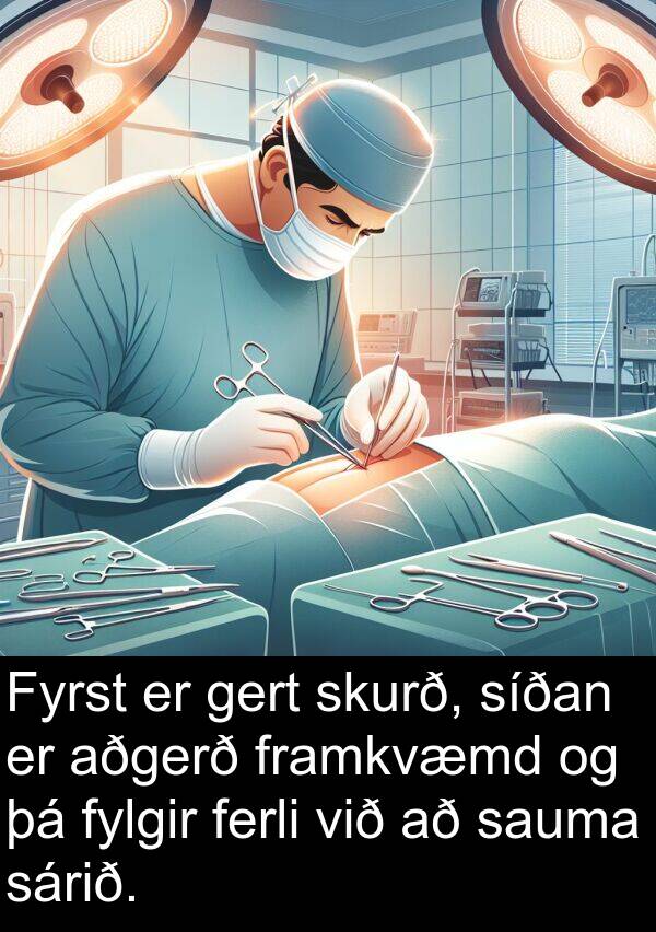 ferli: Fyrst er gert skurð, síðan er aðgerð framkvæmd og þá fylgir ferli við að sauma sárið.