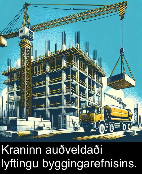 auðveldaði: Kraninn auðveldaði lyftingu byggingarefnisins.