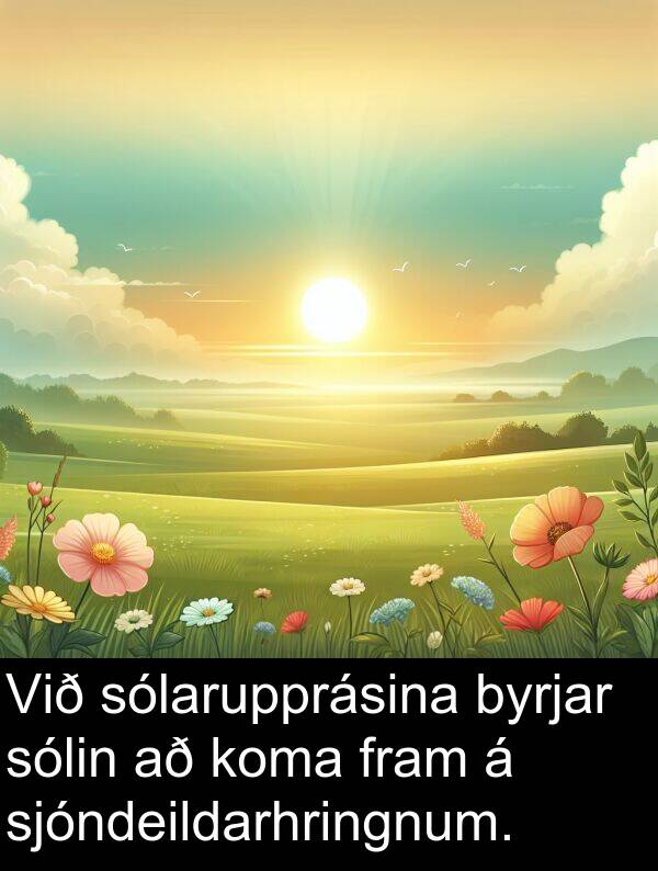 fram: Við sólarupprásina byrjar sólin að koma fram á sjóndeildarhringnum.