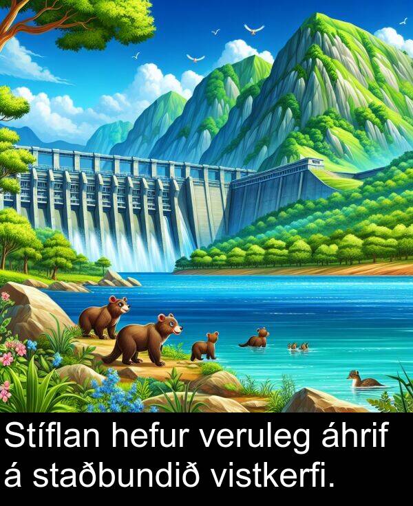 áhrif: Stíflan hefur veruleg áhrif á staðbundið vistkerfi.