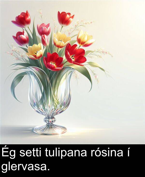 glervasa: Ég setti tulipana rósina í glervasa.