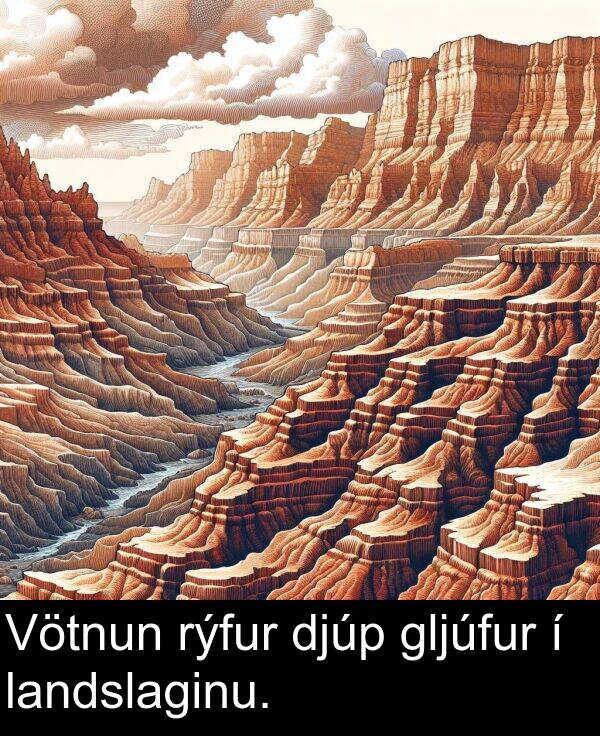 djúp: Vötnun rýfur djúp gljúfur í landslaginu.