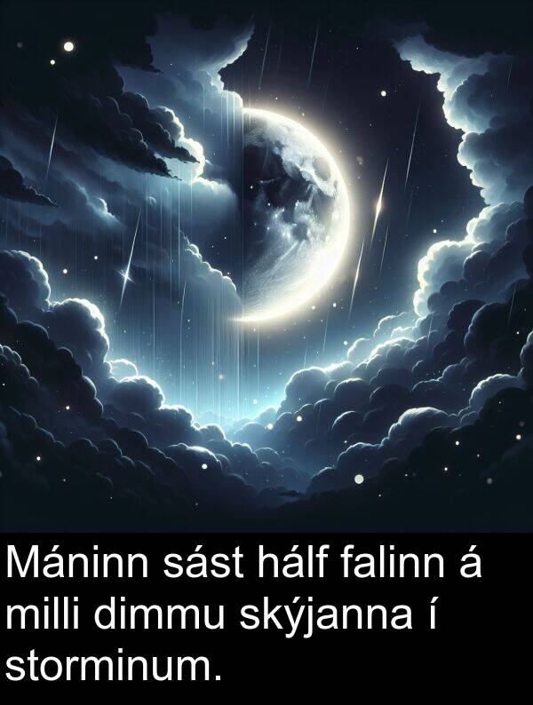 falinn: Máninn sást hálf falinn á milli dimmu skýjanna í storminum.