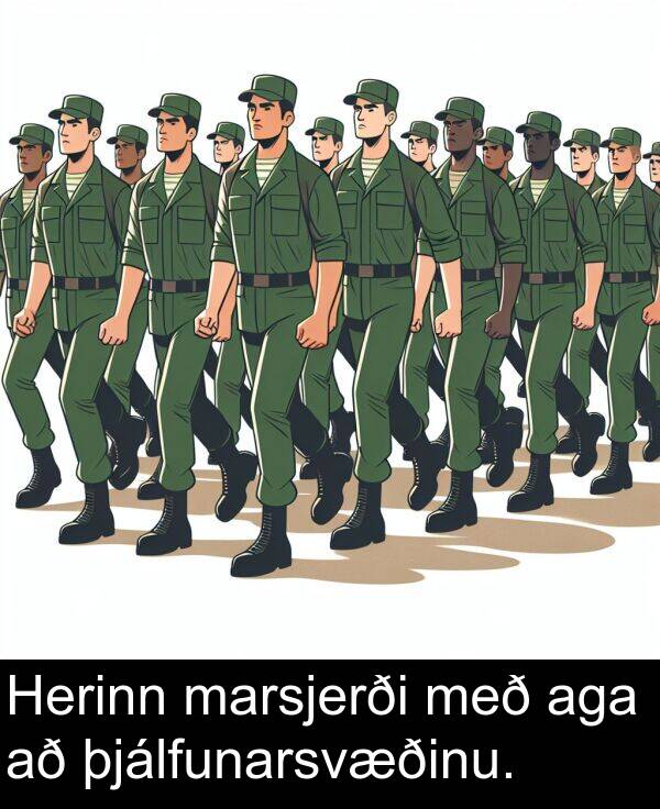 þjálfunarsvæðinu: Herinn marsjerði með aga að þjálfunarsvæðinu.