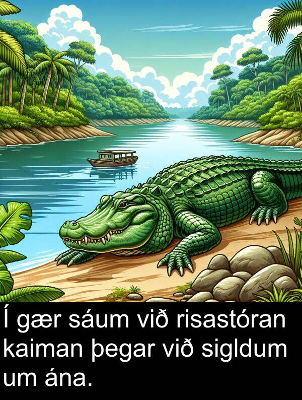 þegar: Í gær sáum við risastóran kaiman þegar við sigldum um ána.