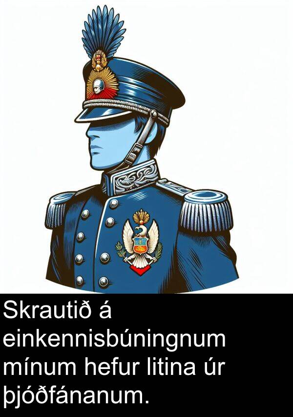 þjóðfánanum: Skrautið á einkennisbúningnum mínum hefur litina úr þjóðfánanum.