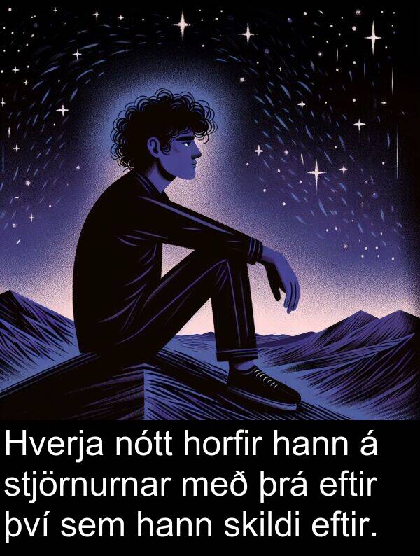 þrá: Hverja nótt horfir hann á stjörnurnar með þrá eftir því sem hann skildi eftir.