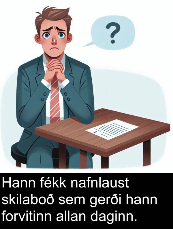 fékk: Hann fékk nafnlaust skilaboð sem gerði hann forvitinn allan daginn.