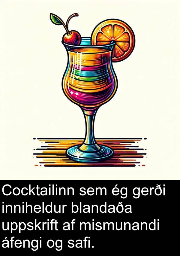 áfengi: Cocktailinn sem ég gerði inniheldur blandaða uppskrift af mismunandi áfengi og safi.