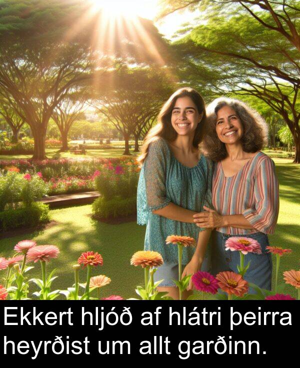 allt: Ekkert hljóð af hlátri þeirra heyrðist um allt garðinn.