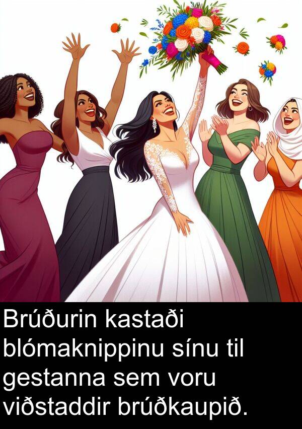 kastaði: Brúðurin kastaði blómaknippinu sínu til gestanna sem voru viðstaddir brúðkaupið.