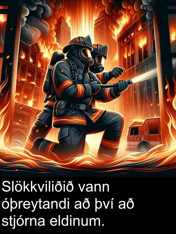 því: Slökkviliðið vann óþreytandi að því að stjórna eldinum.