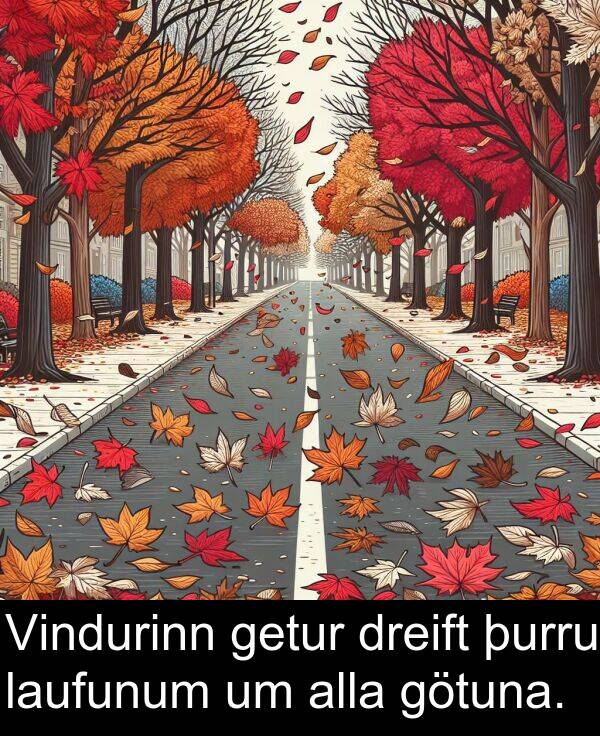 þurru: Vindurinn getur dreift þurru laufunum um alla götuna.