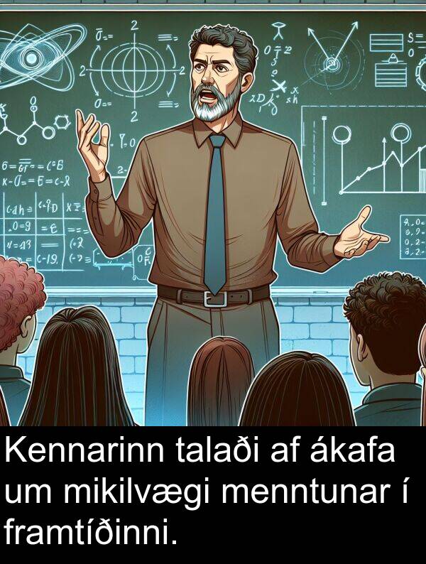 talaði: Kennarinn talaði af ákafa um mikilvægi menntunar í framtíðinni.