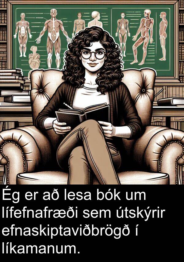 efnaskiptaviðbrögð: Ég er að lesa bók um lífefnafræði sem útskýrir efnaskiptaviðbrögð í líkamanum.