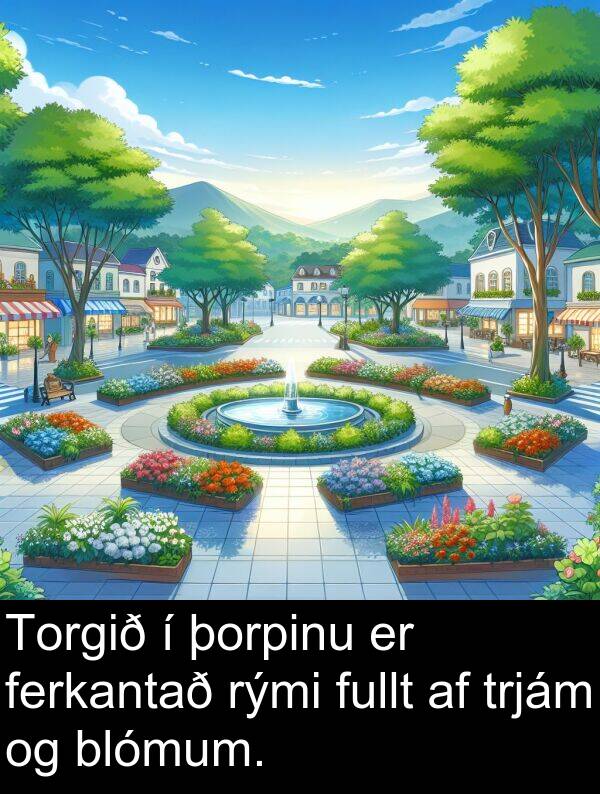 þorpinu: Torgið í þorpinu er ferkantað rými fullt af trjám og blómum.