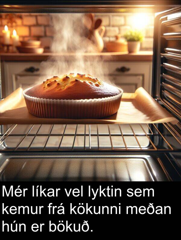 kemur: Mér líkar vel lyktin sem kemur frá kökunni meðan hún er bökuð.