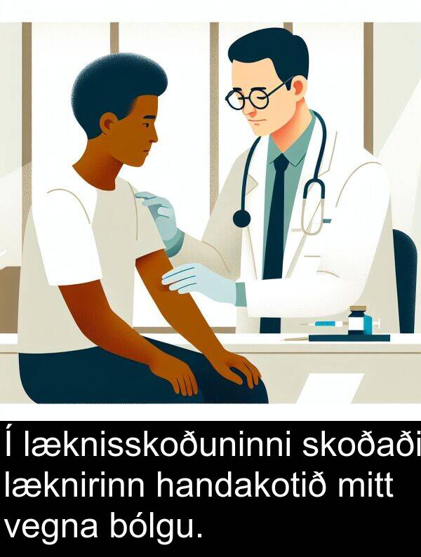 skoðaði: Í læknisskoðuninni skoðaði læknirinn handakotið mitt vegna bólgu.