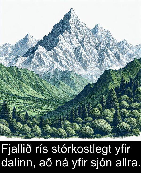 yfir: Fjallið rís stórkostlegt yfir dalinn, að ná yfir sjón allra.