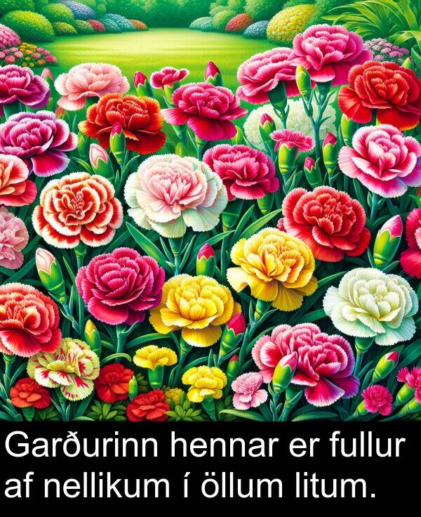 öllum: Garðurinn hennar er fullur af nellikum í öllum litum.