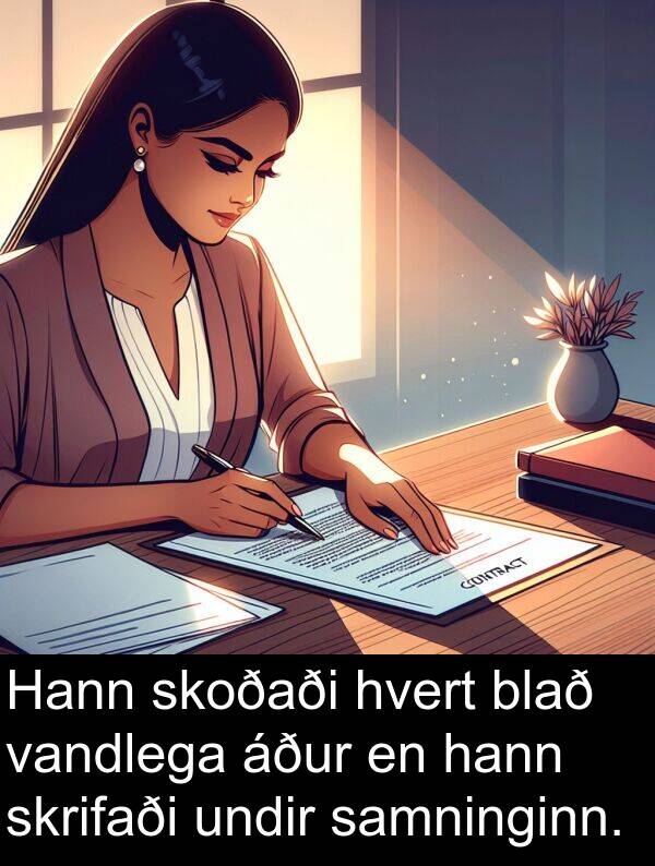 skoðaði: Hann skoðaði hvert blað vandlega áður en hann skrifaði undir samninginn.