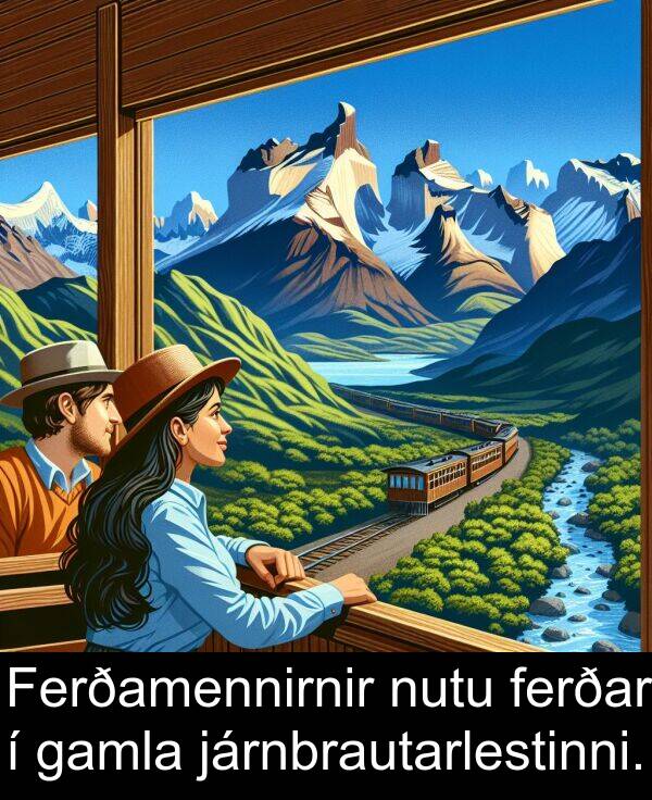 ferðar: Ferðamennirnir nutu ferðar í gamla járnbrautarlestinni.