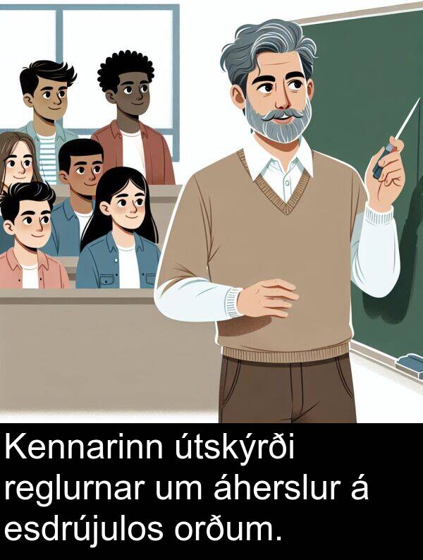 reglurnar: Kennarinn útskýrði reglurnar um áherslur á esdrújulos orðum.