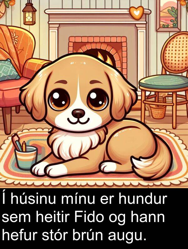 heitir: Í húsinu mínu er hundur sem heitir Fido og hann hefur stór brún augu.