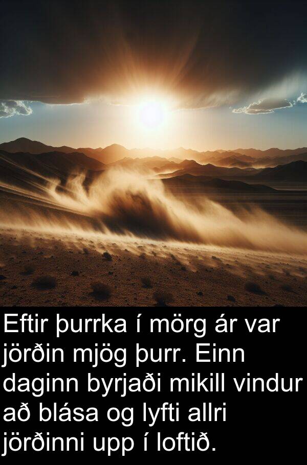 þurr: Eftir þurrka í mörg ár var jörðin mjög þurr. Einn daginn byrjaði mikill vindur að blása og lyfti allri jörðinni upp í loftið.