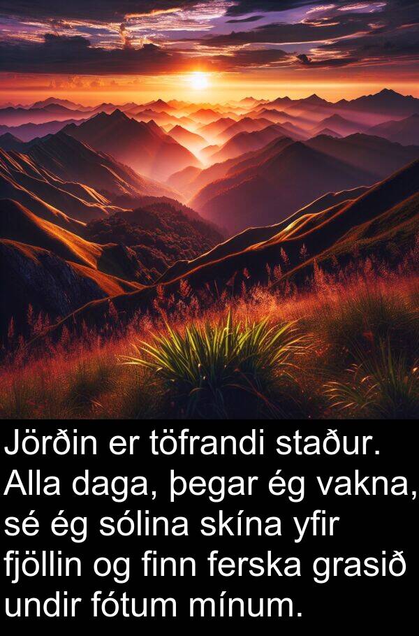 daga: Jörðin er töfrandi staður. Alla daga, þegar ég vakna, sé ég sólina skína yfir fjöllin og finn ferska grasið undir fótum mínum.