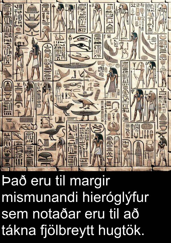 margir: Það eru til margir mismunandi hieróglýfur sem notaðar eru til að tákna fjölbreytt hugtök.