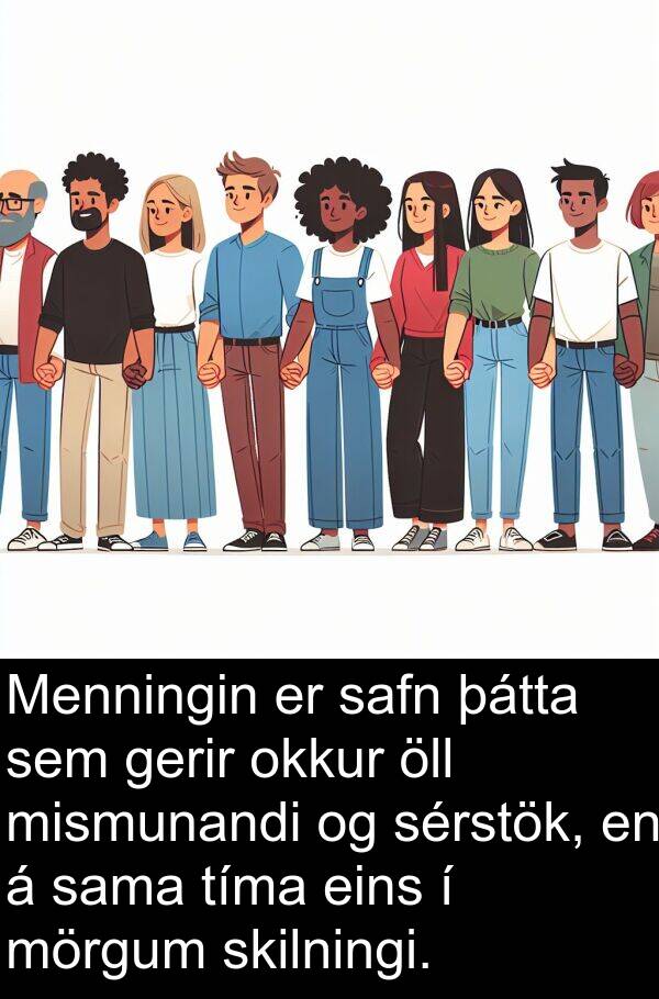 þátta: Menningin er safn þátta sem gerir okkur öll mismunandi og sérstök, en á sama tíma eins í mörgum skilningi.