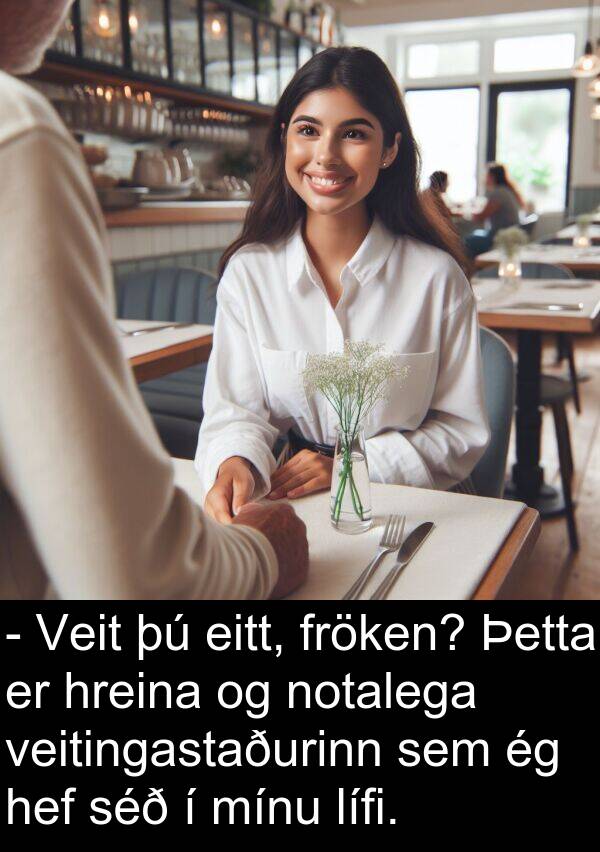 veitingastaðurinn: - Veit þú eitt, fröken? Þetta er hreina og notalega veitingastaðurinn sem ég hef séð í mínu lífi.