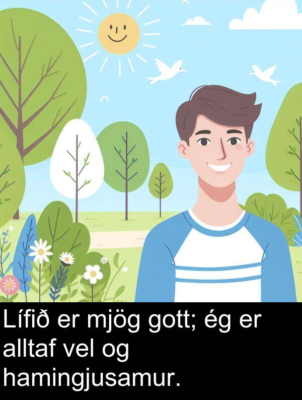 vel: Lífið er mjög gott; ég er alltaf vel og hamingjusamur.
