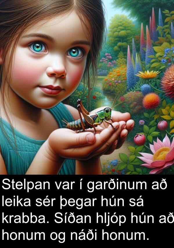 leika: Stelpan var í garðinum að leika sér þegar hún sá krabba. Síðan hljóp hún að honum og náði honum.